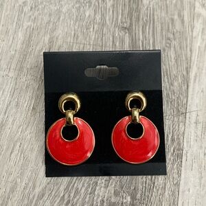 Vintage Red/Orange Enamel Gold Earrings
